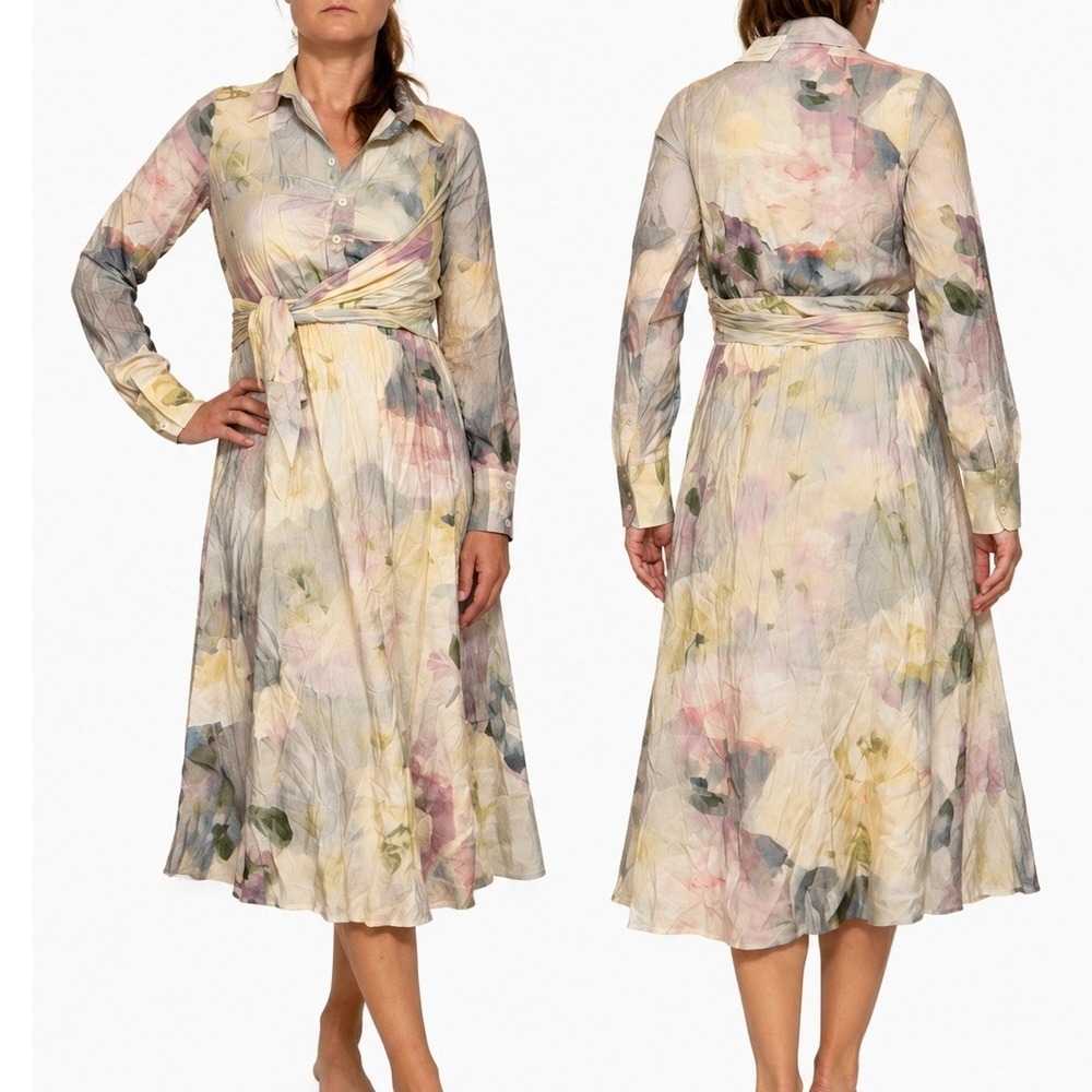 Malka Majesty Watercolor Floral Modest Shirt Dress Pastel Midi Small NEW Career